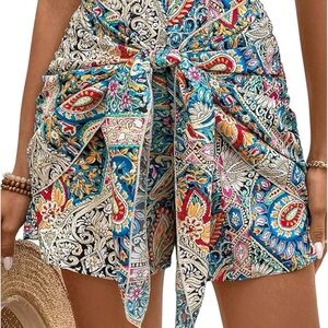 Boho Paisley Wrap Shorts | Floral High Waist Tie Front | Teal Multi | M